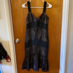 LOFT Black Tan Peplum Midi Dress V-neck Sheath